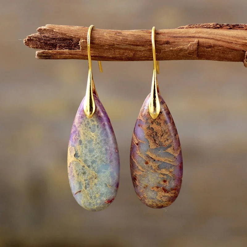 2023 Latest Gold Plated Hook Earrings Women Unique Stone Accessorios Imperial Jasper Boho Vintage Teardrop Kolczyki AliExprees