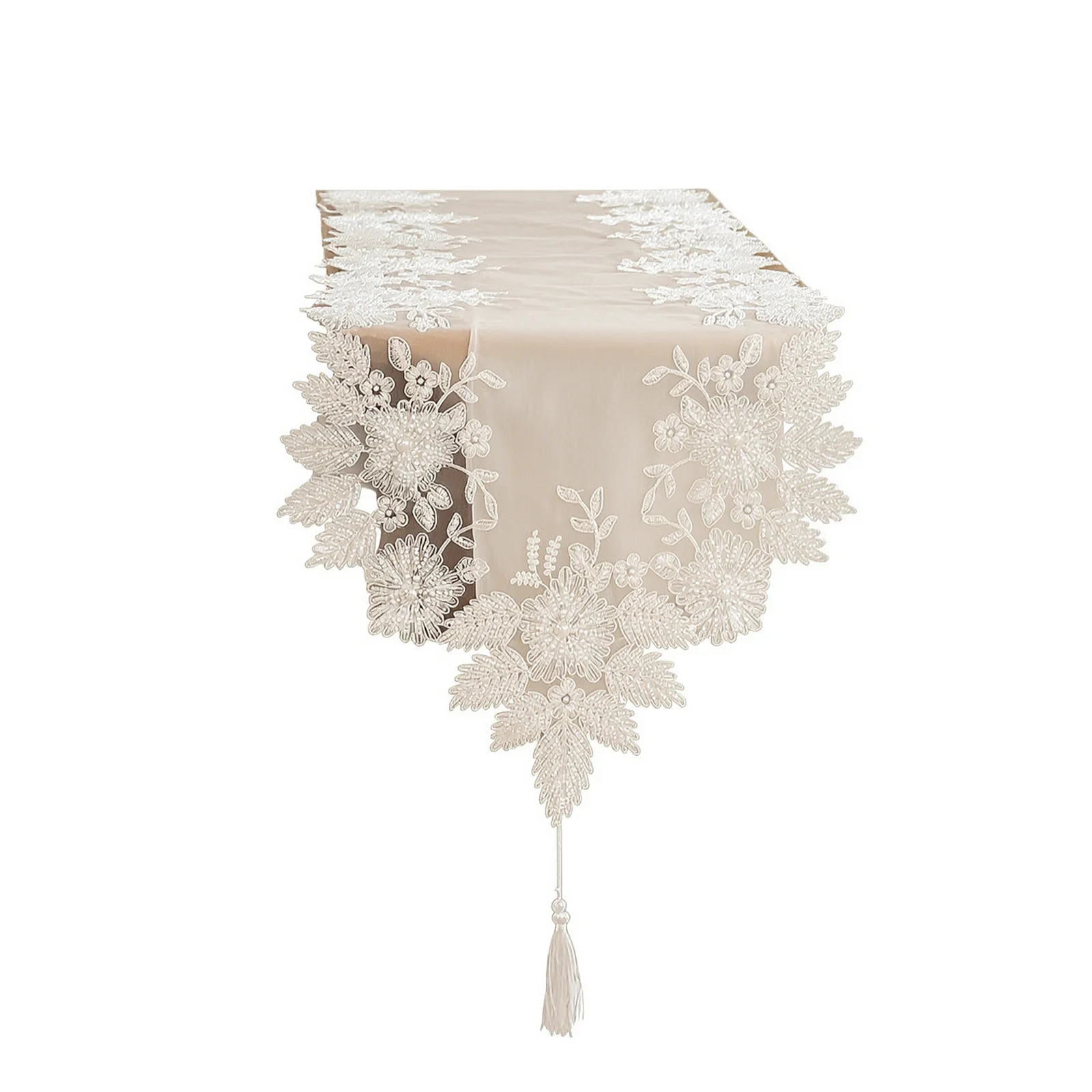 Lace Table Runner Dresser Scarf Bead Embroidery Detail Floral Plant Pattern Protects Furniture
