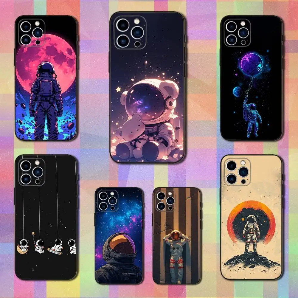 

Cute Cartoon Astronaut Phone Case For iPhone 16,15,14,13,12,11 Plus,Pro Max,XS,X,XR,SE,Mini,8,7,Soft Silicone Black Cover