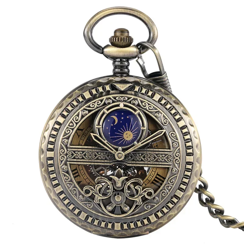 Ancient Classical Watches Unisex Mechanical Hand Winding Pocket Watch Roman Number Skeleton Timepiece Fob Chain Collectable Gift