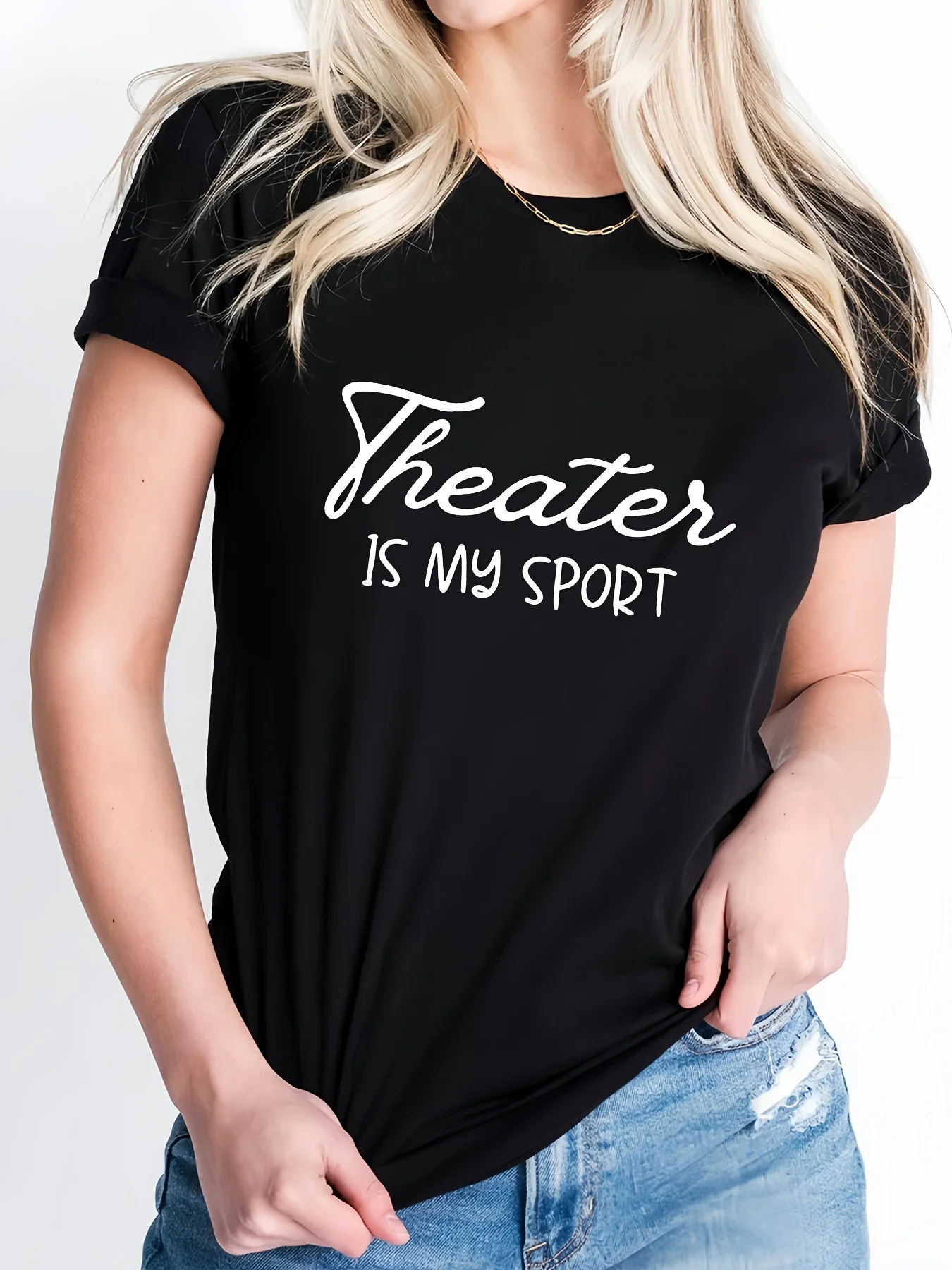 T-shirt décontracté à manches courtes et col rond pour femme avec lettre imprimée "Theater Is My Sport".