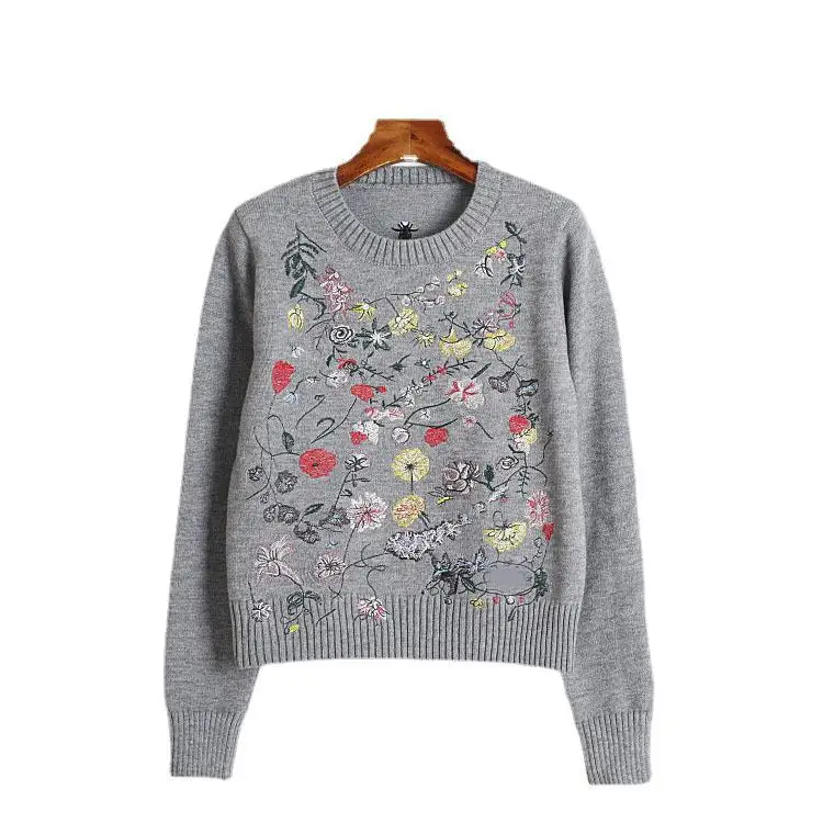 Autumn and winter flower embroidered long-sleeved round-neck sweater women top