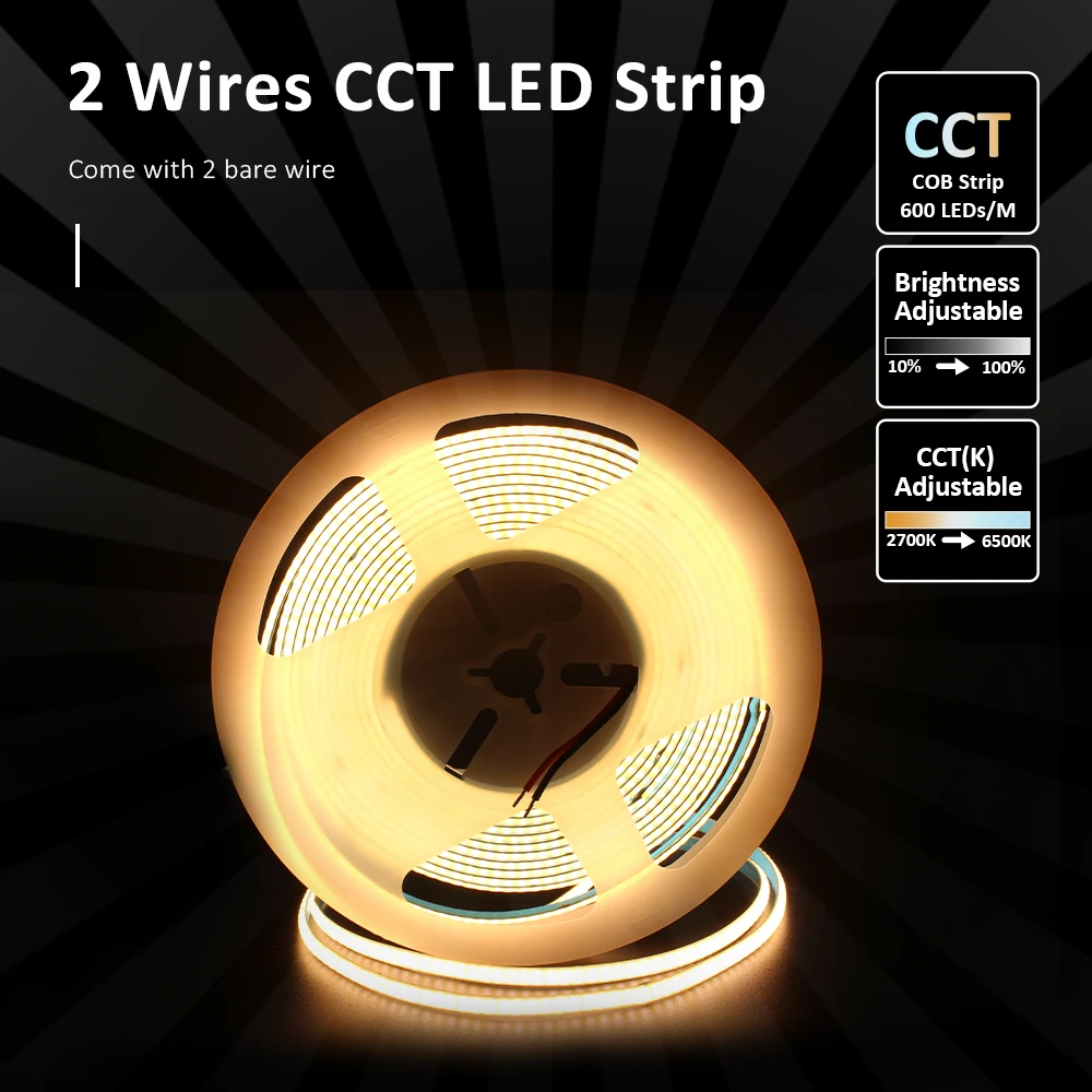 DC12V 24V COB CCT LED Strip Lights 600LEDs/m 5M Flexible Ribbon Dimmable FCOB Tape Lamp 2700K to 6500K CW WW Changeable Lighting