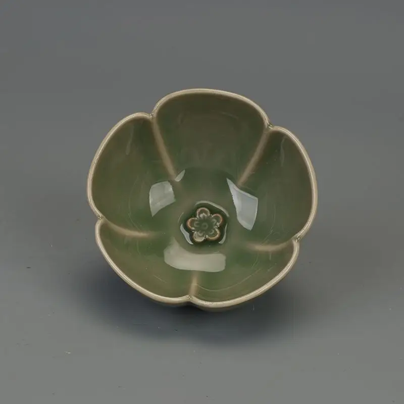 Old Tibetan Song Dynasty Longquan Celadon Glaze Carved Flower Cup Antique Porcelain Art Collection Rare Vintage Ceramic Decor