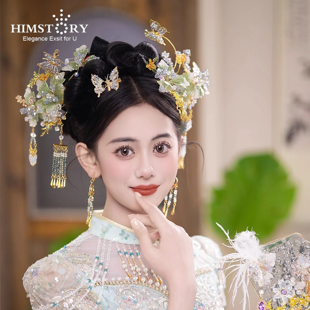 

HIMSTORY Chinese Vintage Green FLower Bridal headdress Xiuhe Step Shaking Hairpin Set Wedding Hair Accessories