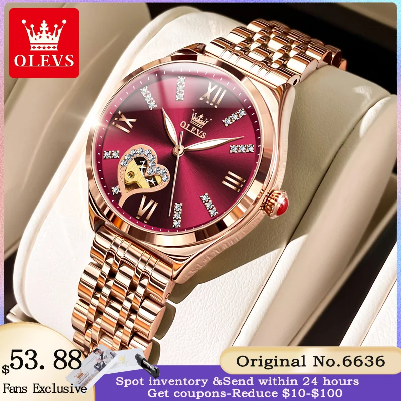 olevs-6636-luxury-women's-automatic-watch-waterproof-stainless-steel-leather-strap-diamond-heart-dial-elegant-bracelet-set-gift