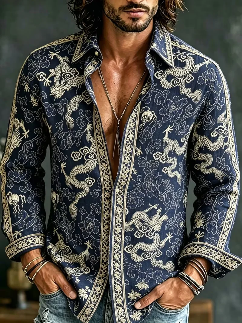 New men's Japanese minimalist casual shirt with low saturation brown powder geometric color block printed shirt