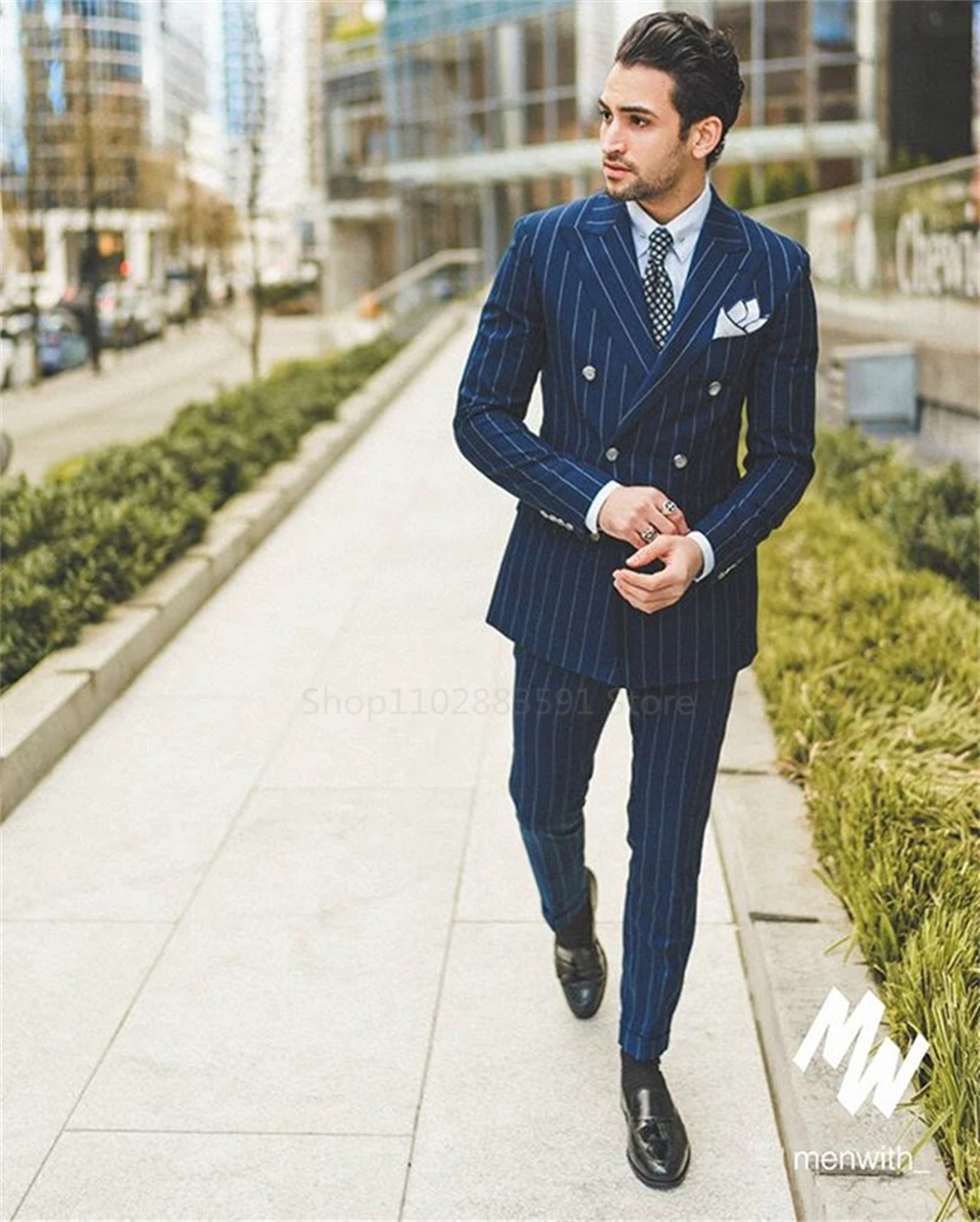 Abiti da uomo classici a righe blu Navy Blazer da lavoro Slim Fit doppio petto smoking da sposo da sposa Set da 2 pezzi Terno Masculino