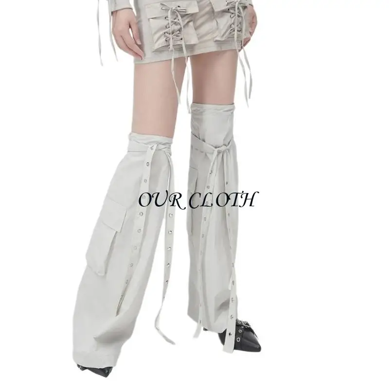 Punk Drawstring Leg Warmer Sleeve Over Knee Flared Boot Cover with Eyelets Strap Y1AC