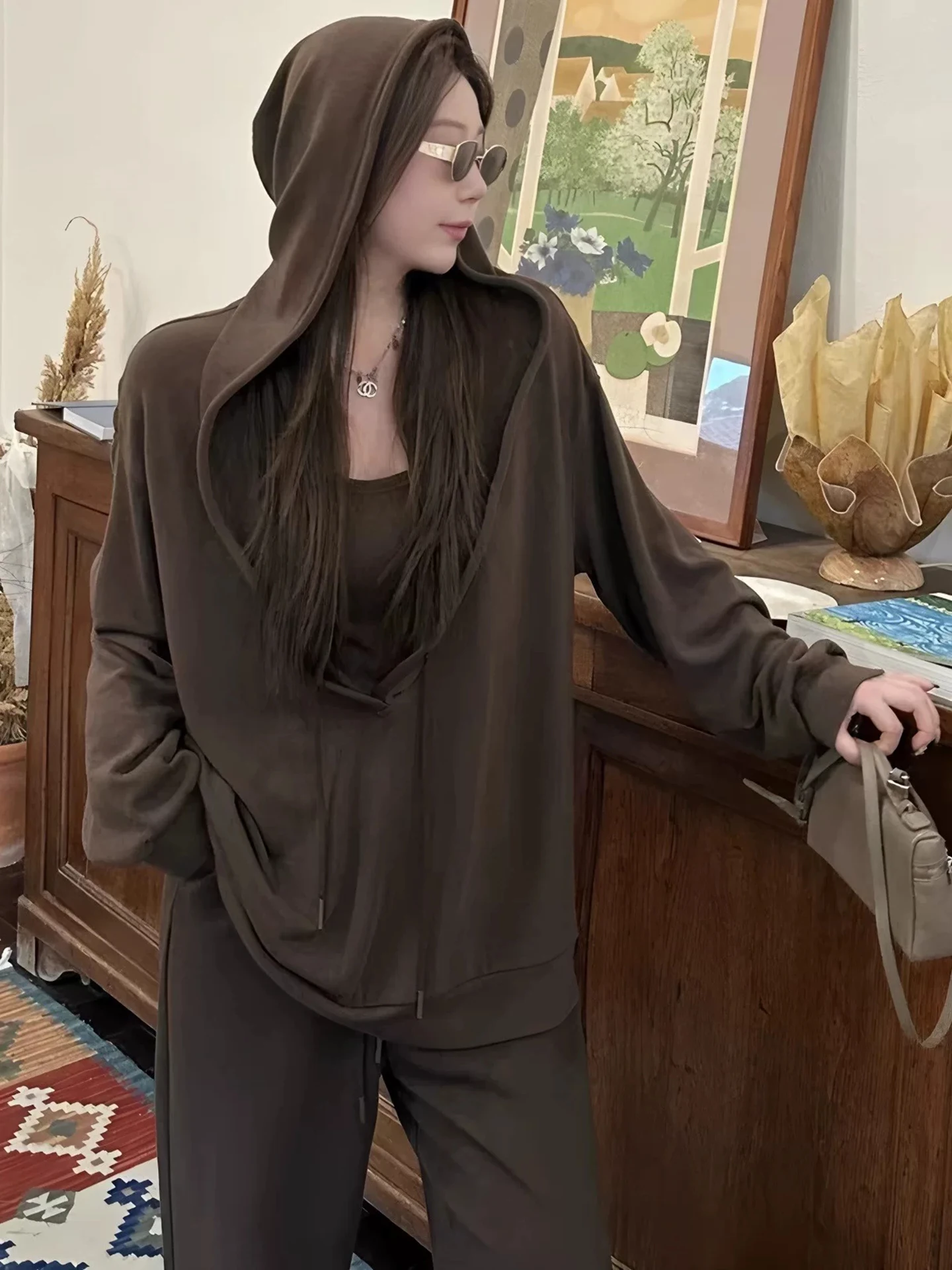 plus Size Three Piece Set Hoodie Tank Top Casual Pants Slimming Women Early Autumn Complete Outfit High Waist Loose Fit Fashion