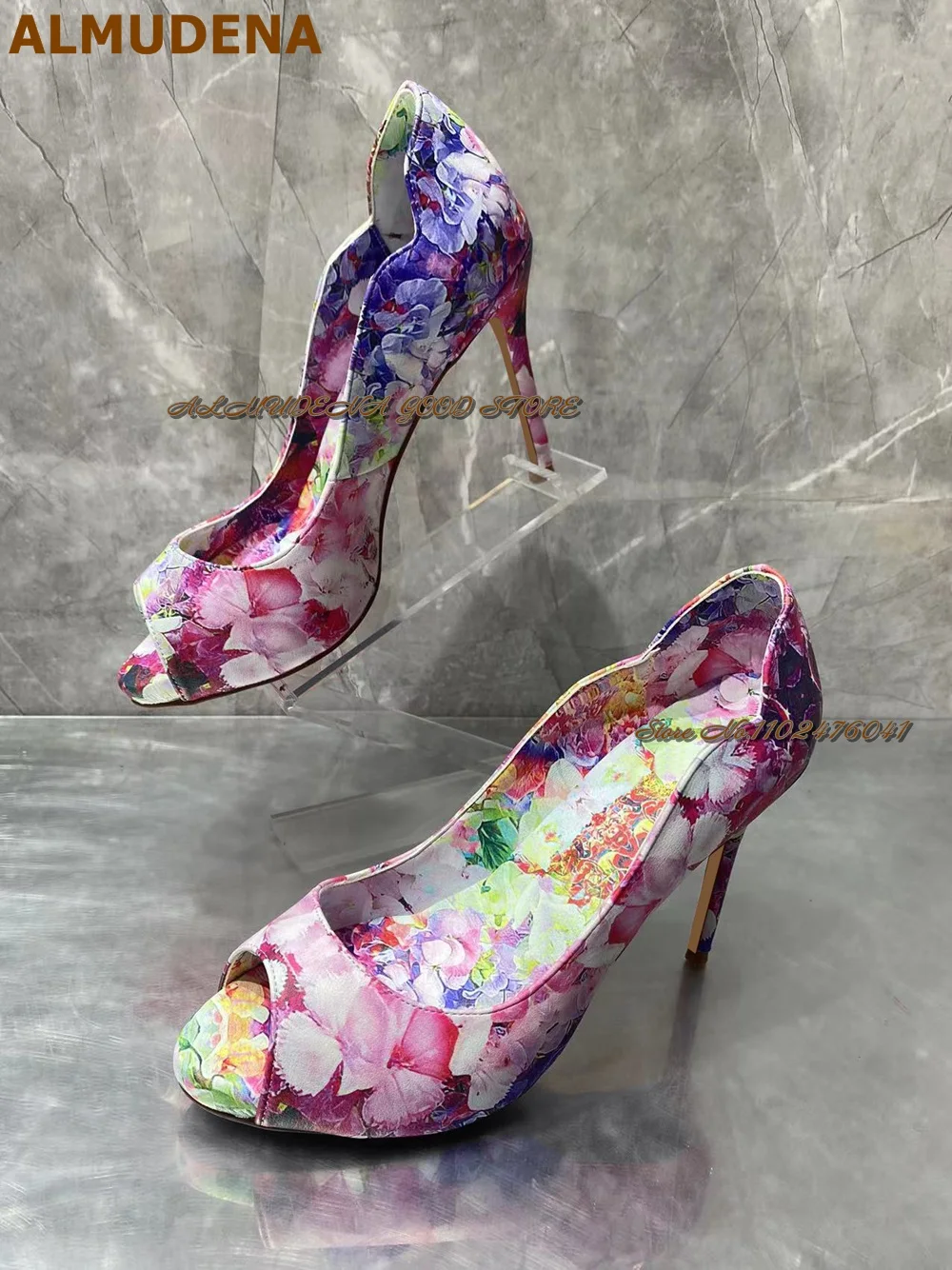 ALMUDENA Women Pink Purple Flowers Printed Dress Shoes Stiletto Heels Open Toe Wedding Pumps Multi-Color Blossom Shallow Heels