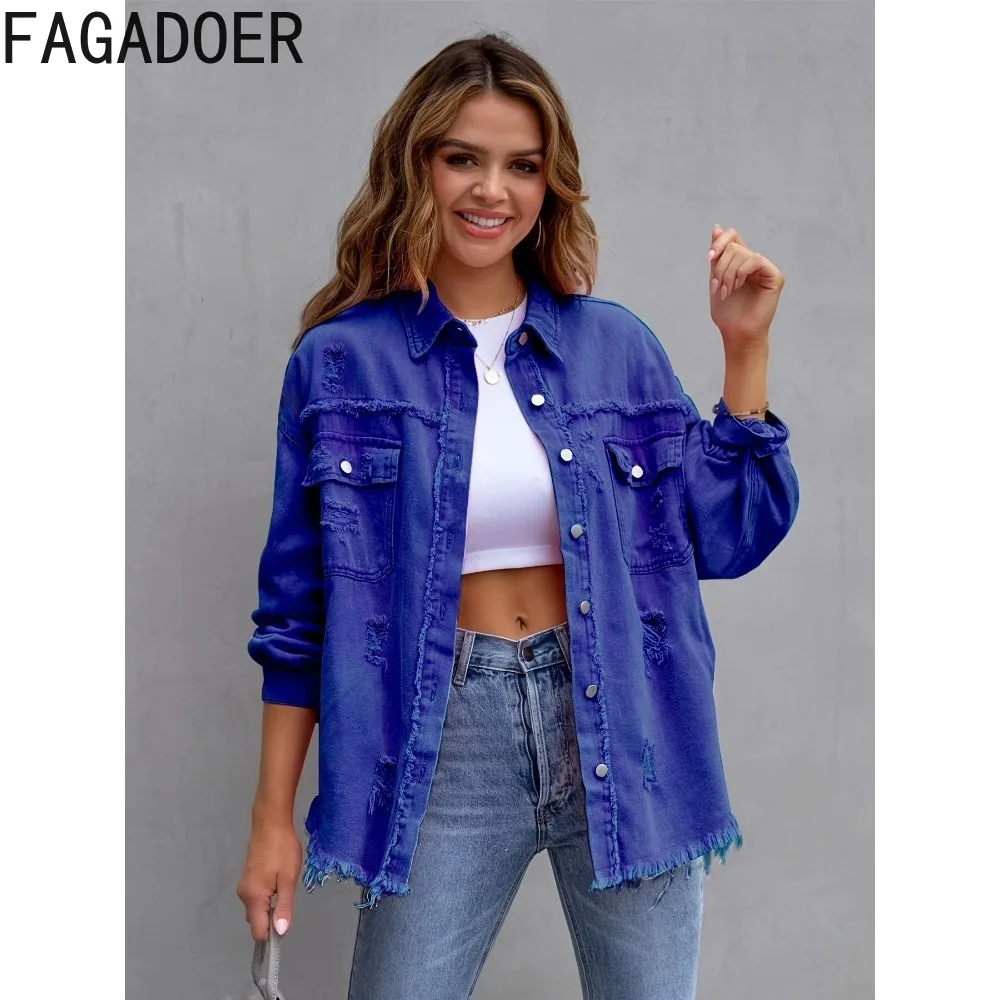 FAGADOER Fashion Hole Denim Shirts Women Turndown Collar Long Sleeve Pocket Loose Tops Casual Solid Color Button Coats 2024 New