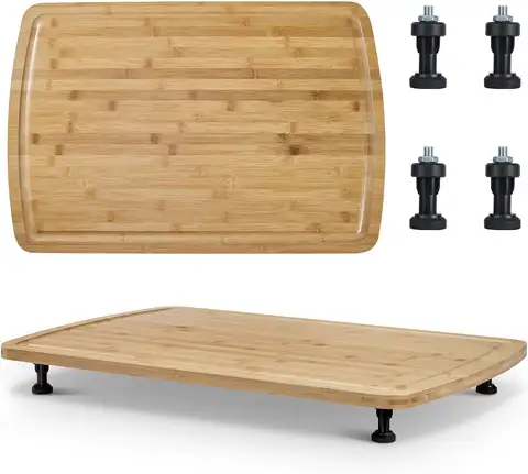 TWISTER.CK Bamboo Noodle Board Stove Cover 30" X 20", Wood Stove Top Cover Cutting Board with Adjustable Legs & Juice Grooves, RV Sink Cover Butcher Block for Small Spaces & Apartments, Natural