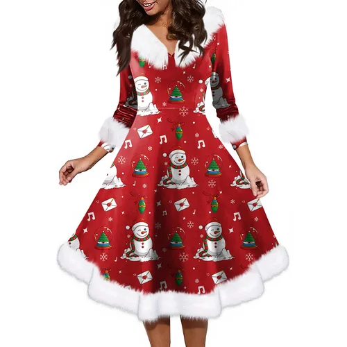 Imagen 2 del producto Vestido informal de alta calidad con cuello en V para mujer, vestido de manga larga con estampado navideño para fiesta, vestido de estilo de Año Nuevo para fiesta navideña