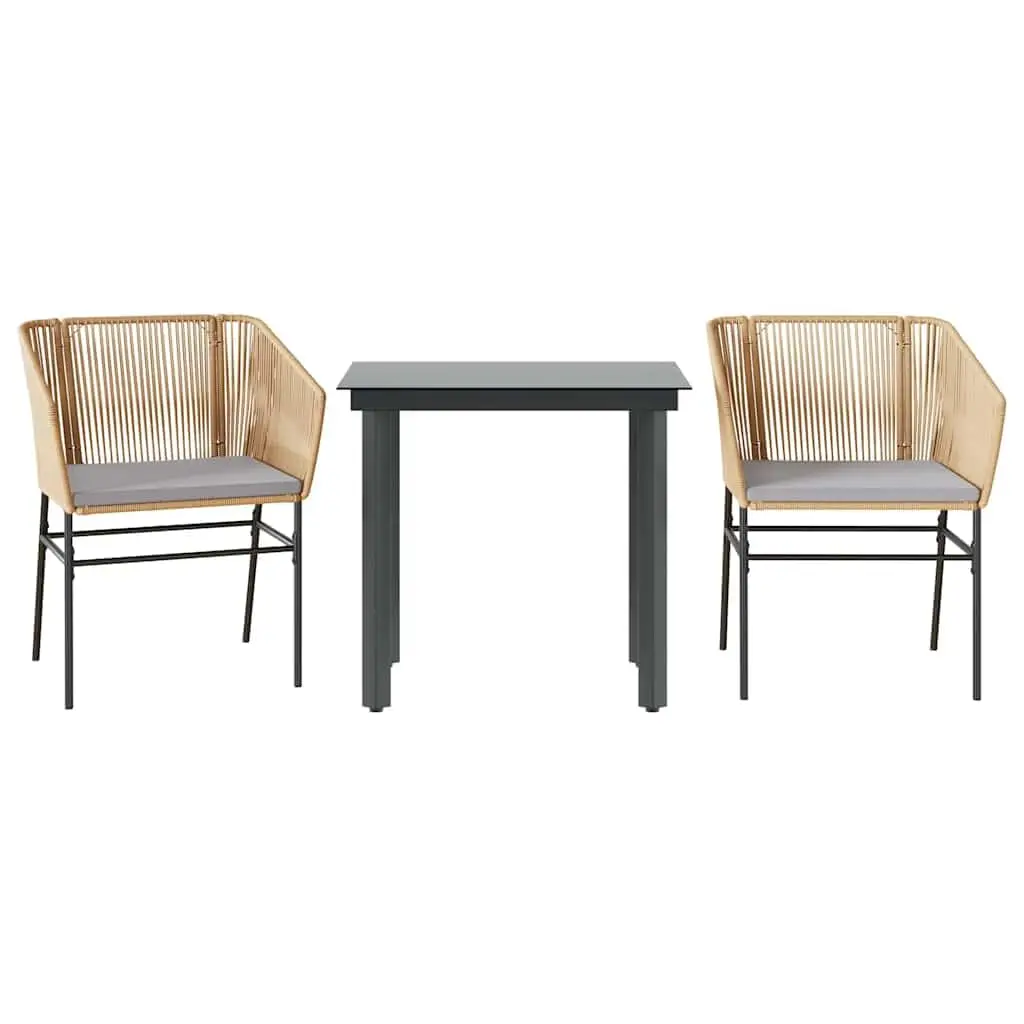 3-Piece Outdoor Dining Set with Brown Rattan Cushioned Chairs & Tempered Glass Table, Customized