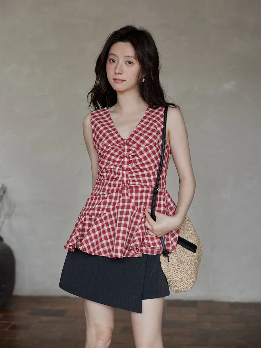 

Ele Red Plaid Waist-Cinching Svel irt Trendy Commute Sle Women's irt V-ne Breathable Cotton Polyester Blend