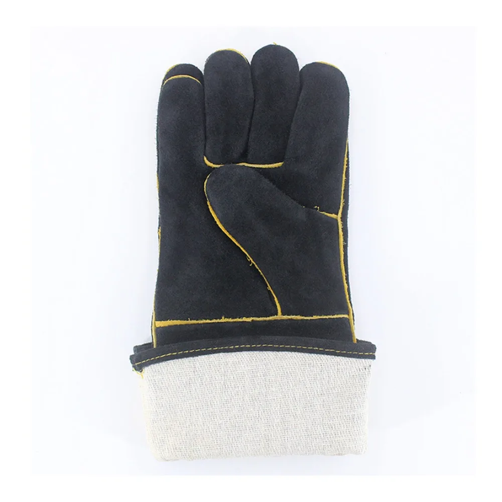 Black Split Cowhide Welding Gloves Double Layer Thickened Wear Resistant Extended Cuff Electric Welding Protective