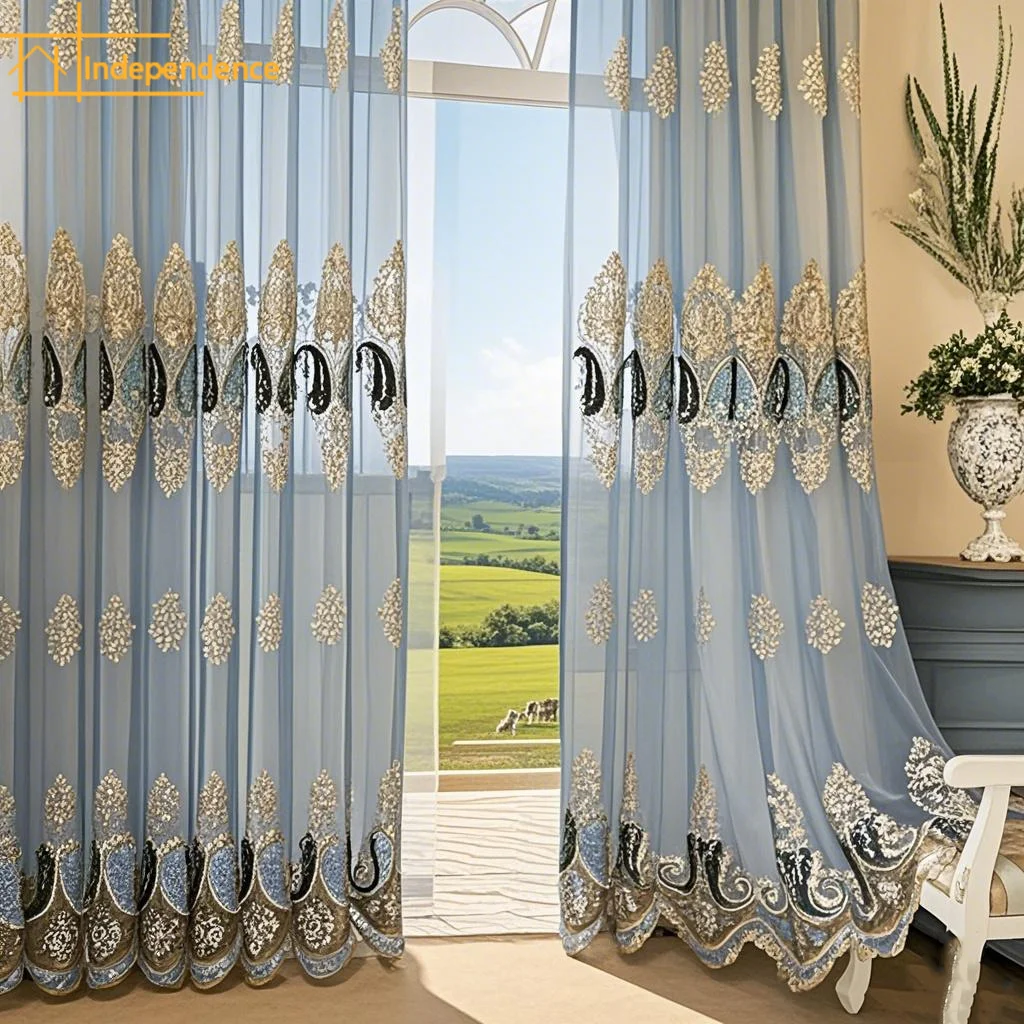 Tulle Blue Flocking Cloth Embroidered Window Screen Curtains for Living Room Bedroom Door Screen Balcony Window Partition Door