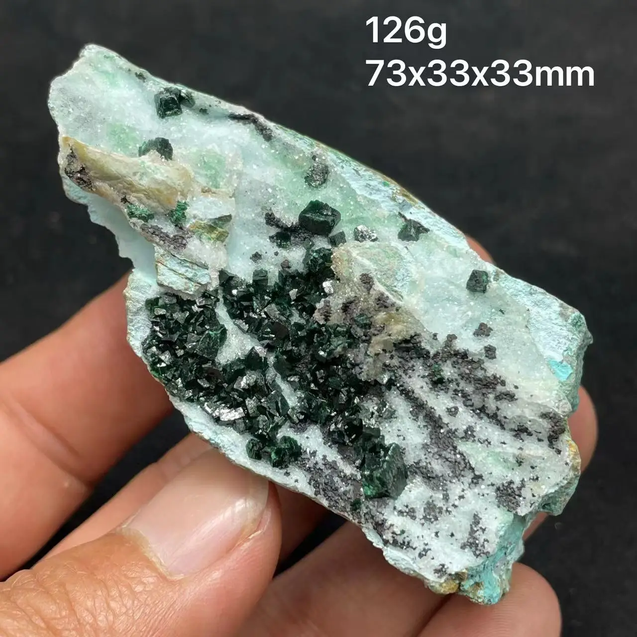 The new 100% natural silica peacock mineral specimen, consisting of quartz and transparent stones Dioptase  from Kazakhstan