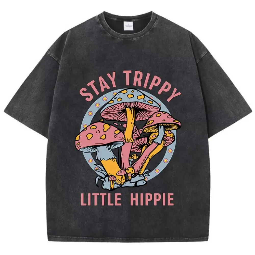 Summer Women's Cotton Casual T-shirts Keep The Little Hippie Mushroom Print Street Wear Loose O Neck Vintage Women's Wear