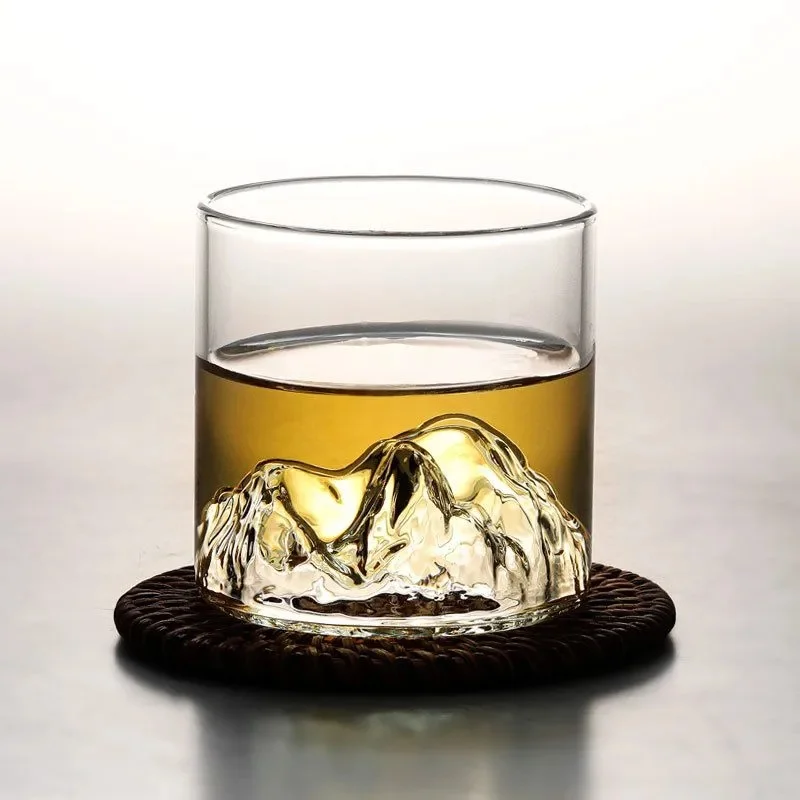 Japanese 3D Glacier Mountain Whiskey Glass Set - Old Fashioned & Rock Glasses with Wooden Gift Box for Whisky, Vodka, Wine