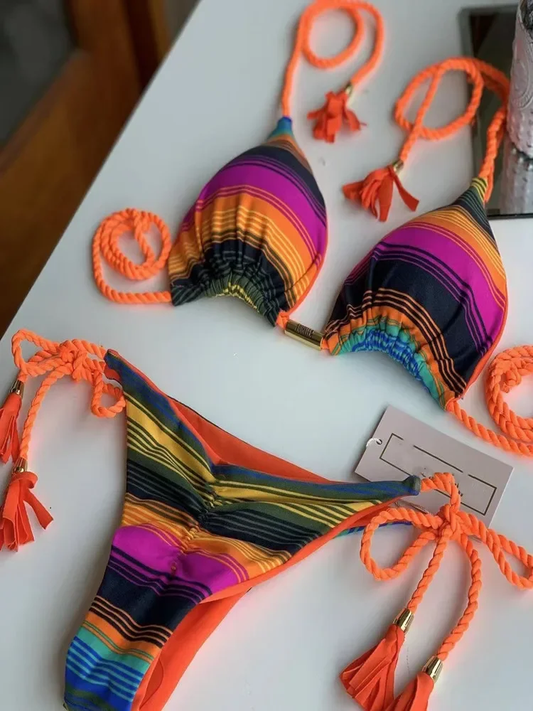 Costume da bagno a triangolo stampato bikini diviso con cinturino in corda da donna