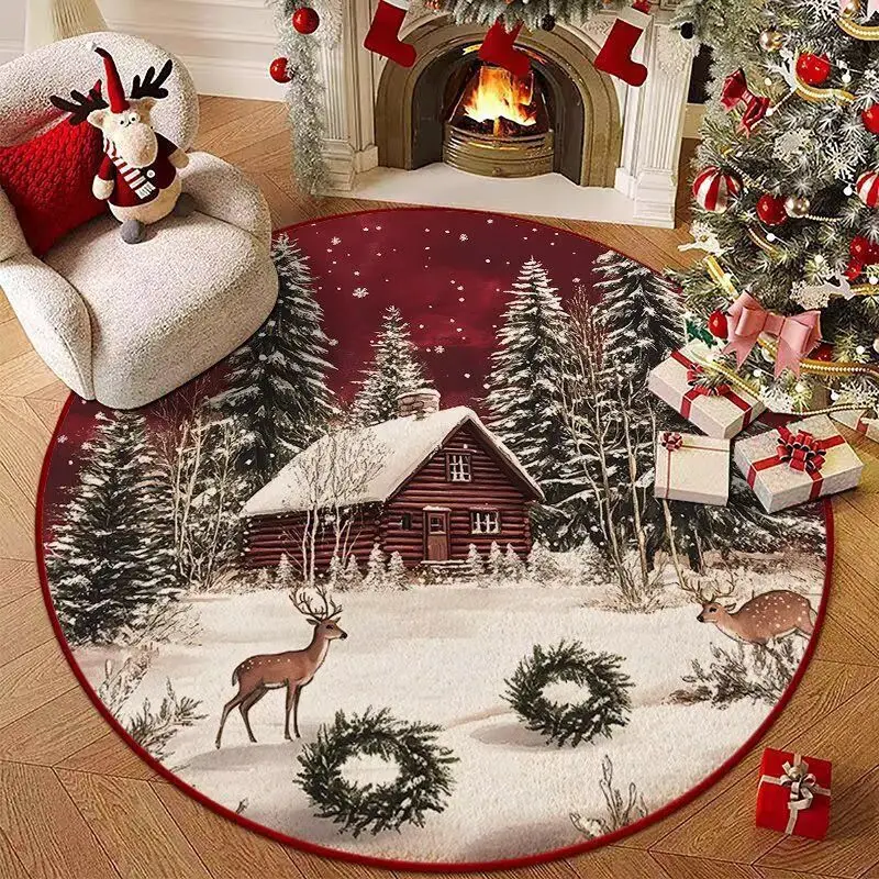 VIKAMA Round Christmas Winter Snow Pine Trees Snow Scenery Round Floor Mat Living Room Festival Home Christmas Decoration
