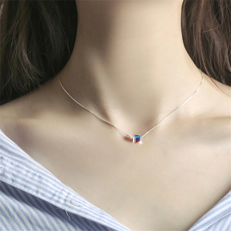 Geometric Square Colorful  Zircon Crystal Necklaces For Women Korean Fashion Sexy Female Clavicle Chain Pendant Necklace Jewelry