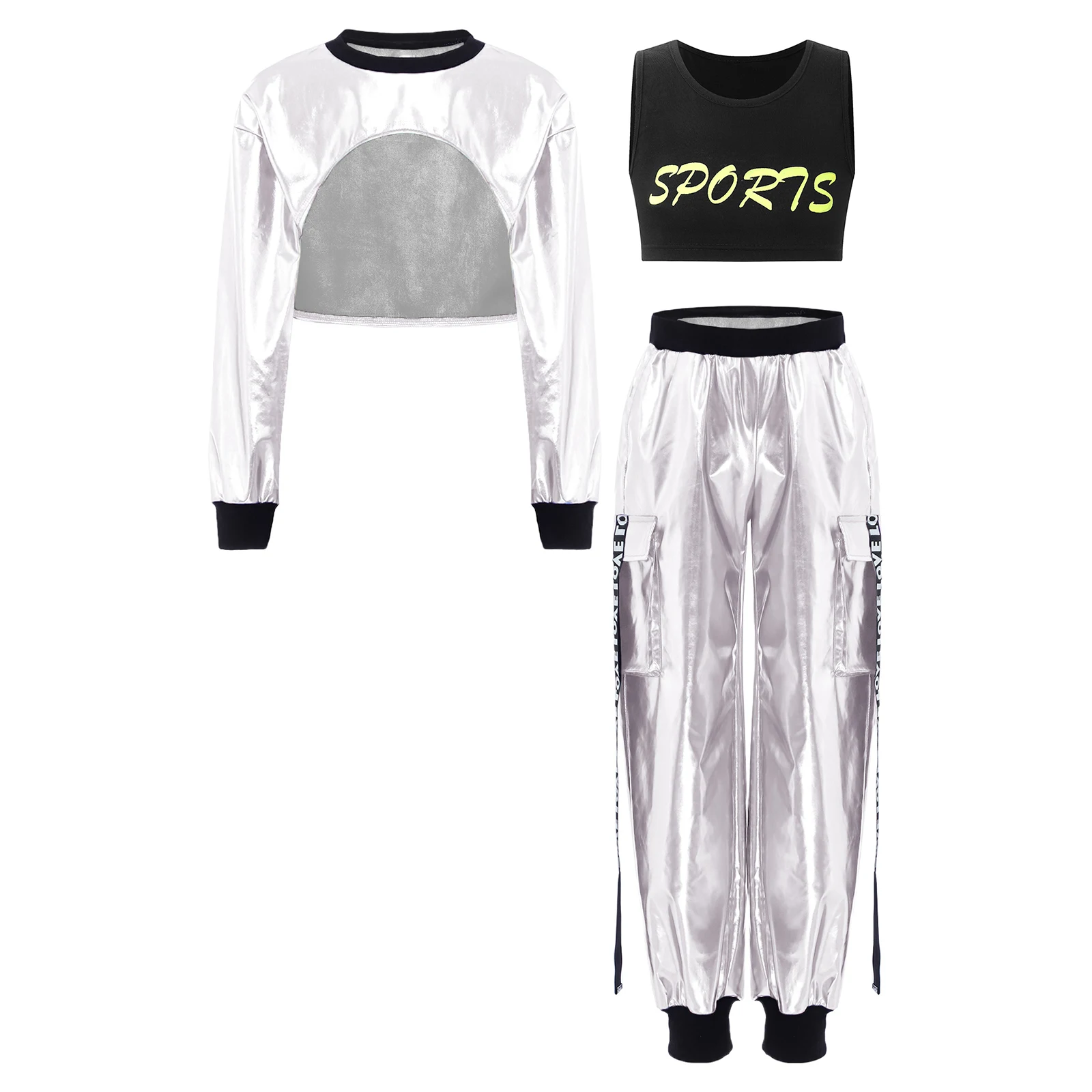 Kids Girls Hip Hop Dance Outfits Metallic Glossy Athletic Pullover Top Tank Top Pants for School Show Modern Jazz Street Dancing