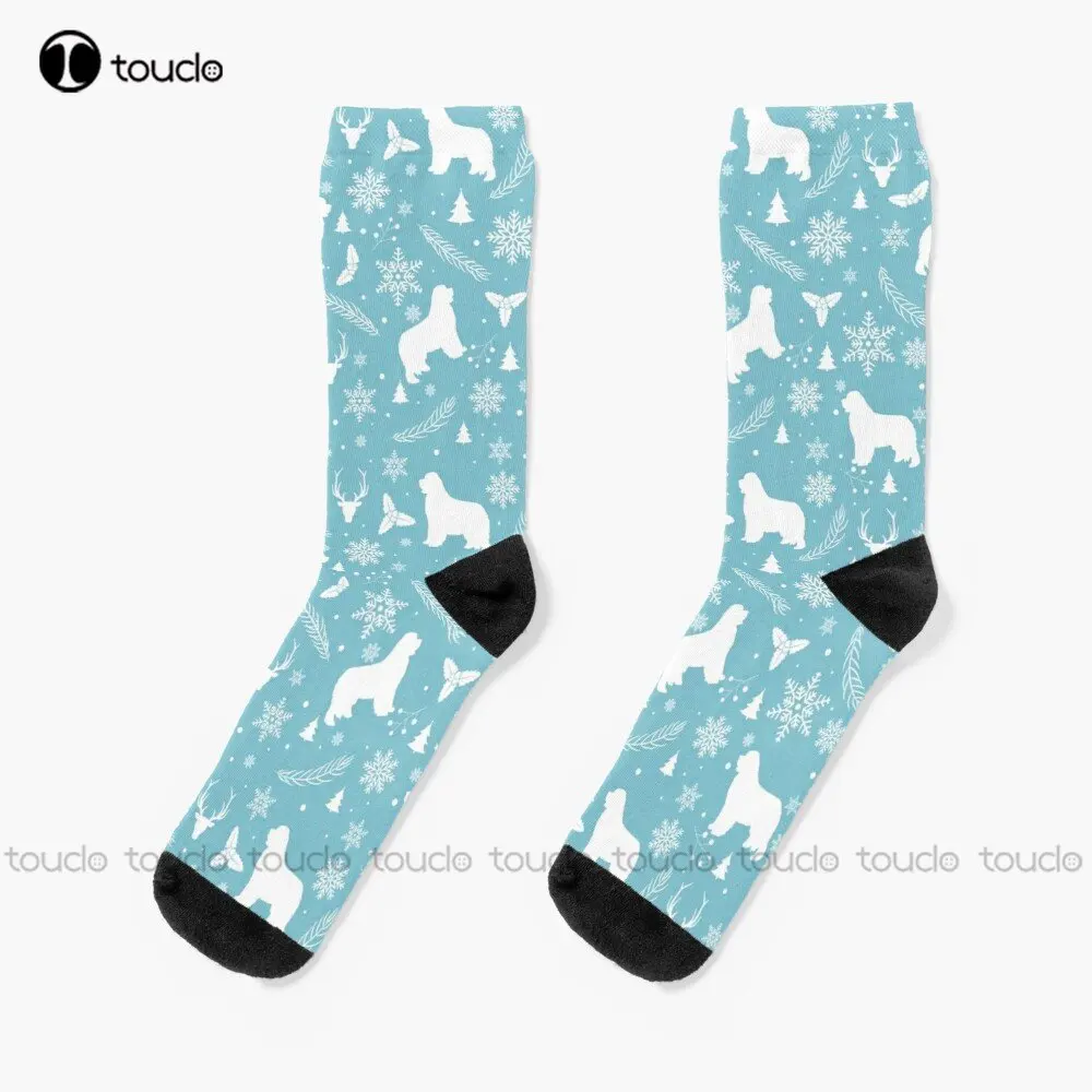 Winter Pattern Newfoundland Dog Silhouette Socks Black Football Socks Christmas New Year Gift 360° Digital Printing New Popular