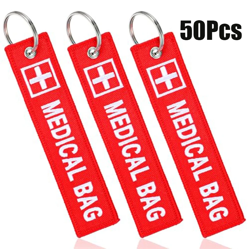 50-Etiquettes-de-cle-brodees-pour-sac-medical-d'urgence-pendentif-imprime-double-face