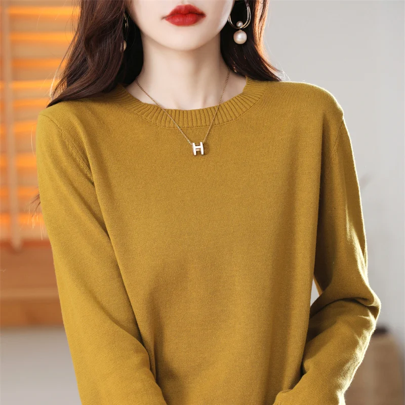 Suéter de Punto 100% Algodón Puro para Mujer, Holgado, Manga Larga, Cuello Redondo, Jersey Versátil para Otoño e Invierno, Camiseta Interior