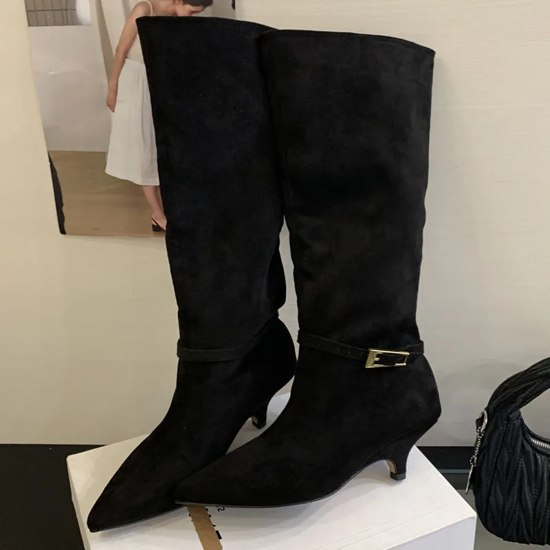 

Aneikeh модные женские сапоги до колена с острым носком и пряжкой на тонком низком каблуке, женская обувь в стиле панк, осень-зима