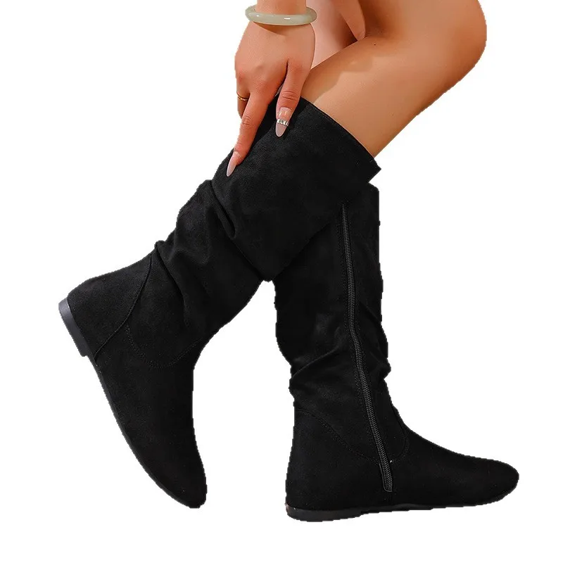 أحذية قصيرة متوسطة الطول للنساء في الخريف والشتاء بسحاب جانبي، أحذية مكدسة بطيات للنساء، أحذية جلدية عالية في الركبة #5