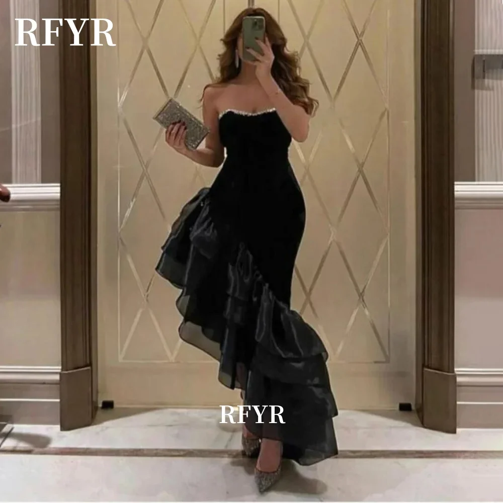 

RFYR Asymmetrical Prom Dress Pleats Party Dress Tiered Layer Evening Dress Strapless Celebrity Dress for Arabic Women Customized