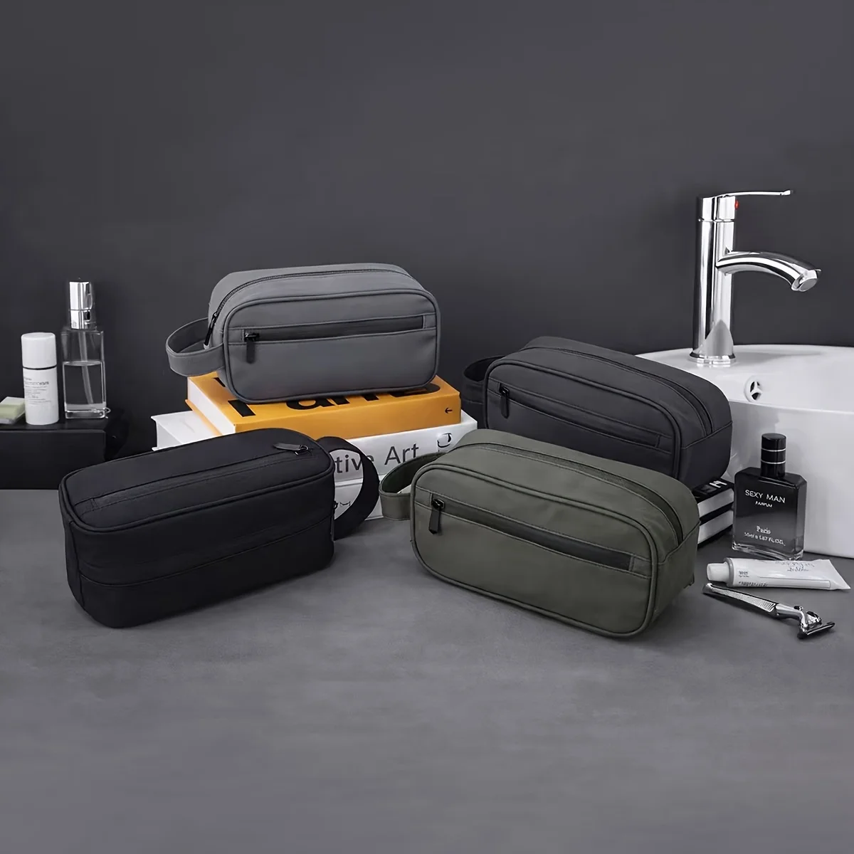 Retro Men'S Toiletry Bag Sports Faux Leather Large Capacity Storage Bag Business Trip Travel Cosmetic Bag Handbag Makeup Bag
