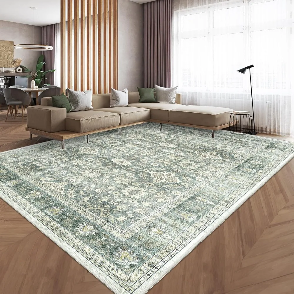 

Vintage Design Area rug - Machine washable, 9 'x12' non-slip, printed rug for living room bedroom, stain resistant, green