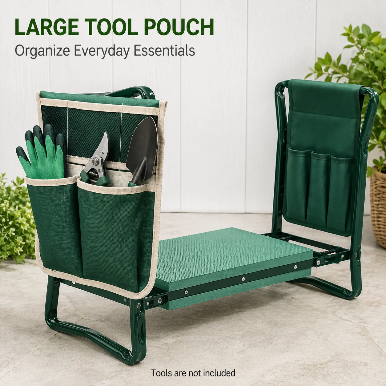 Folding Garden Stool and Kneeler with Large Small Tool Pouches EVA Pad Portable Gardening Seat for Weeding Planting