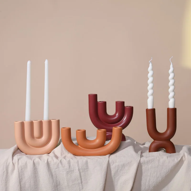 Geometric Pipe Ceramic Candle Holder Candelabrum U-shaped Hollow Tabletop Decoration Candlestick Home Accessories