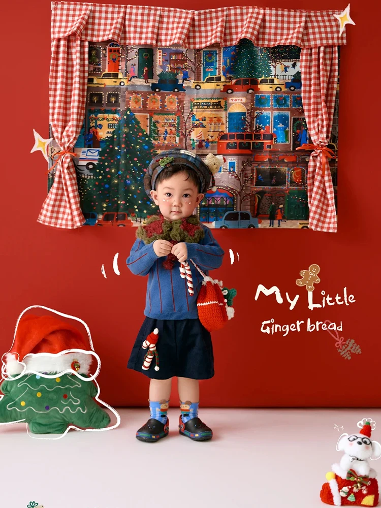 Children Christmas Photography Outfits Blue Sweater+shorts+plaid Beret+socks+star Scarf+red-Framed Glasses Kit for Studio Photo
