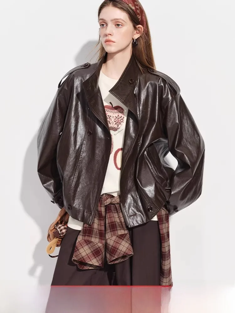 

Femslim Oversize ort Waist-Cinching Leather Jaet Women's Spring 2026 New Commute ort Coat Loose Fit Polyester Fiber