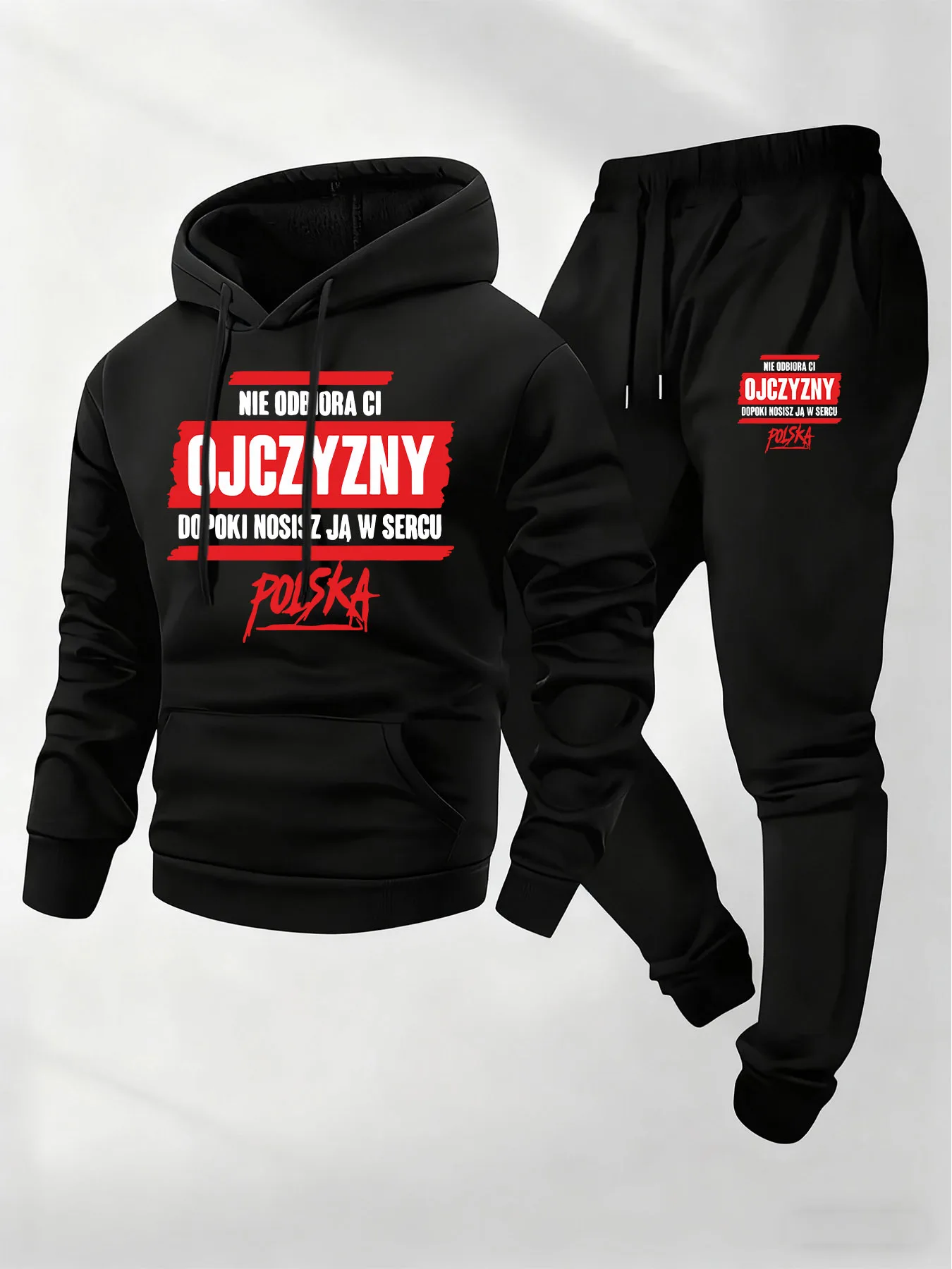 Men'S Hooded Sweatshirt And Pants Set with a Polish Soul Print, Thickened And Warm, Perfect for Casual Sports in Autumn And W