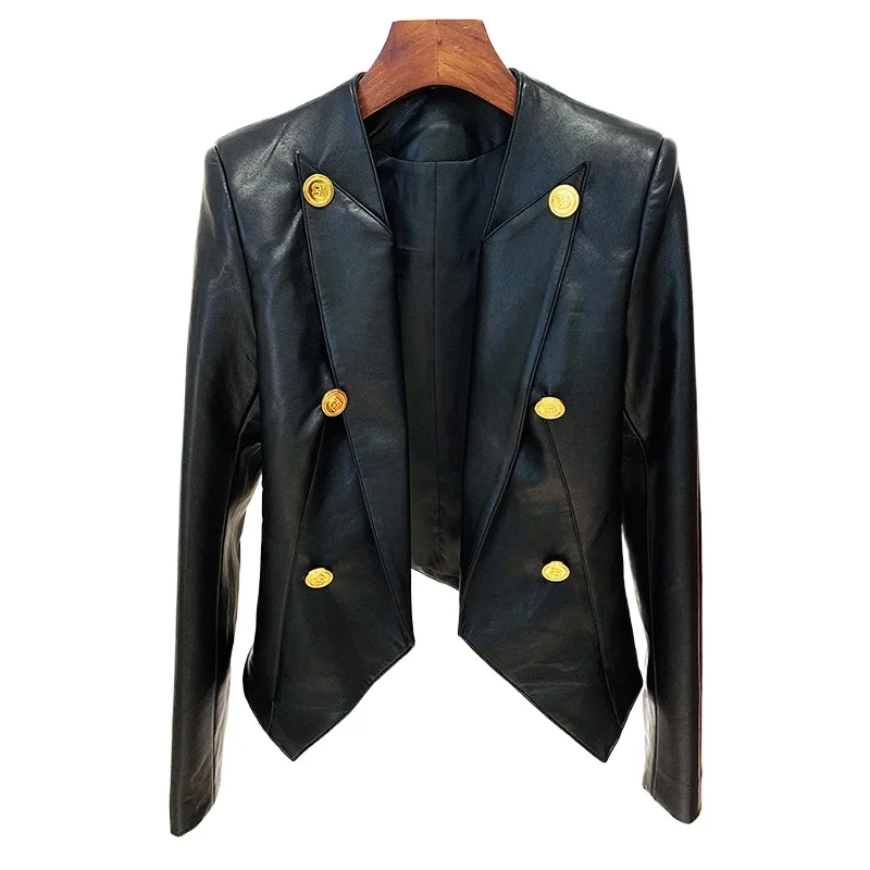 Elegant Gold Buttons Long Sleeves Blazer Jacket for Women Autumn Winter Leather New in Outwears Double-breasted Black Slim Suit