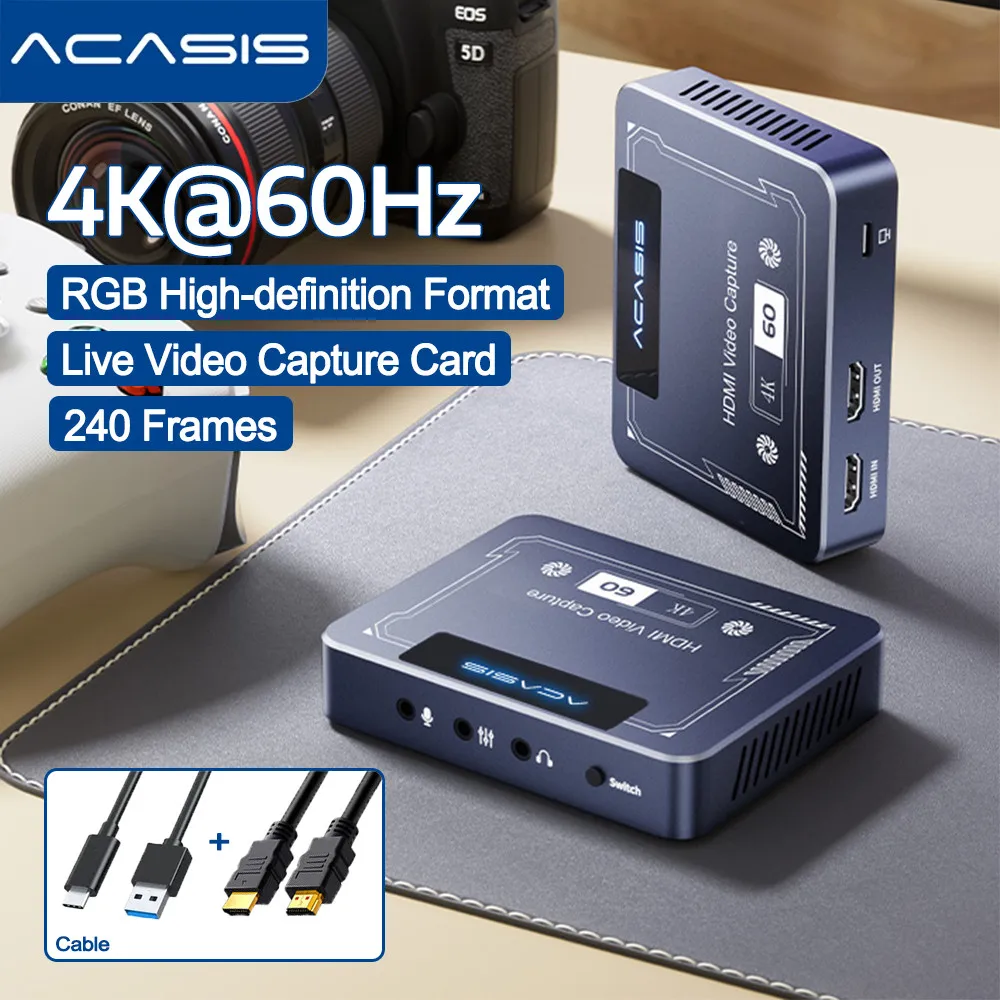 ACASIS 4K Video Capture Card HDMI Video Capture Card with RGB Lighting Effects Cooling Fan For iPad Computer Camera PC Live