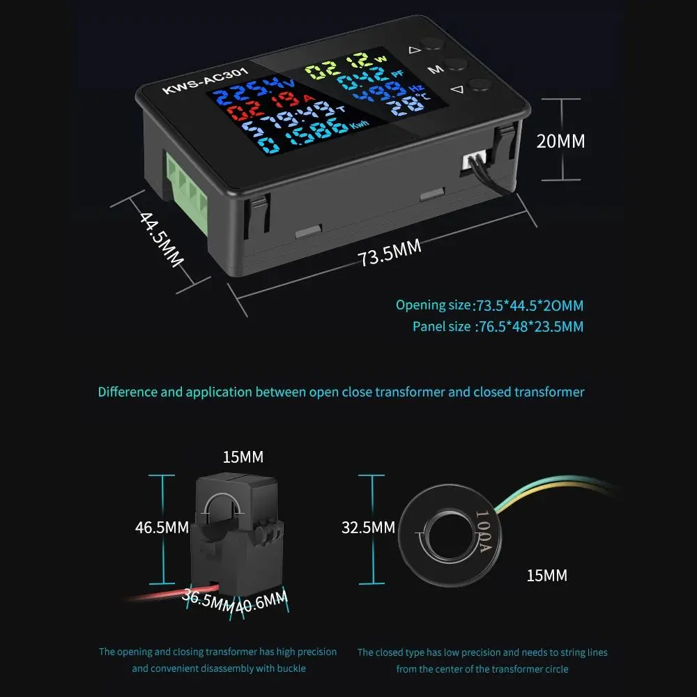 KWS-AC301 Dedicated Chip Power Detector 0-100A Digital Voltmeter Ammeter 8 in 1 Power Energy Meter AC Wattmeter