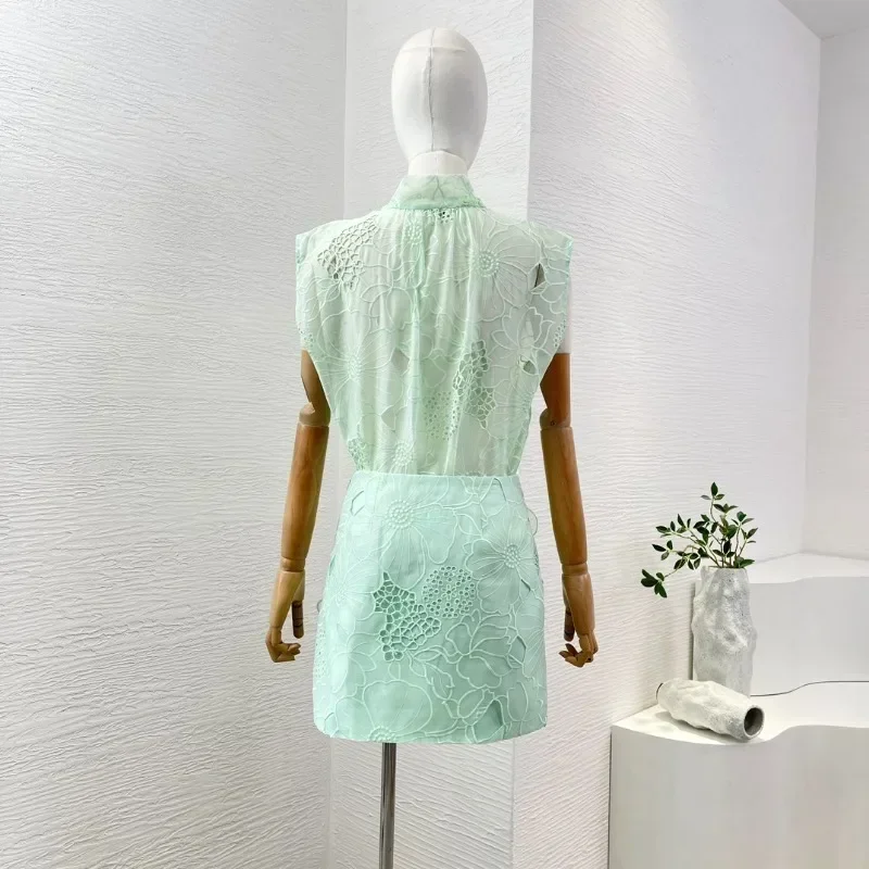 Summer High Quality Women's Mint Green Flowers Appliques Embroidery Sleeveless Blouse Tops and Skirt Set