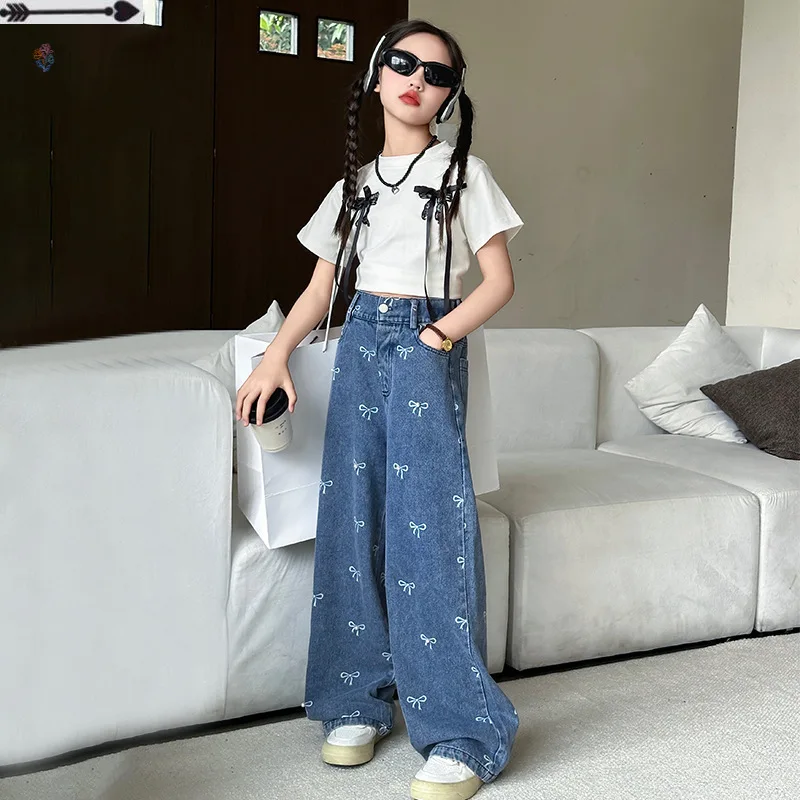UNITIM Summer Junior Girls Denim Pant New Knotbow Young Teenagers Girls Long Pants 4-14Y Kids Girl Round Collar Short Sleeve Top