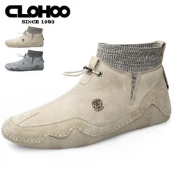 CLOHOO Casual Slip On Men Boots With Elastic Mouth Fall Winter Outdoor Walking Flat Genuine Leather Ankle Shoes Boots for Men