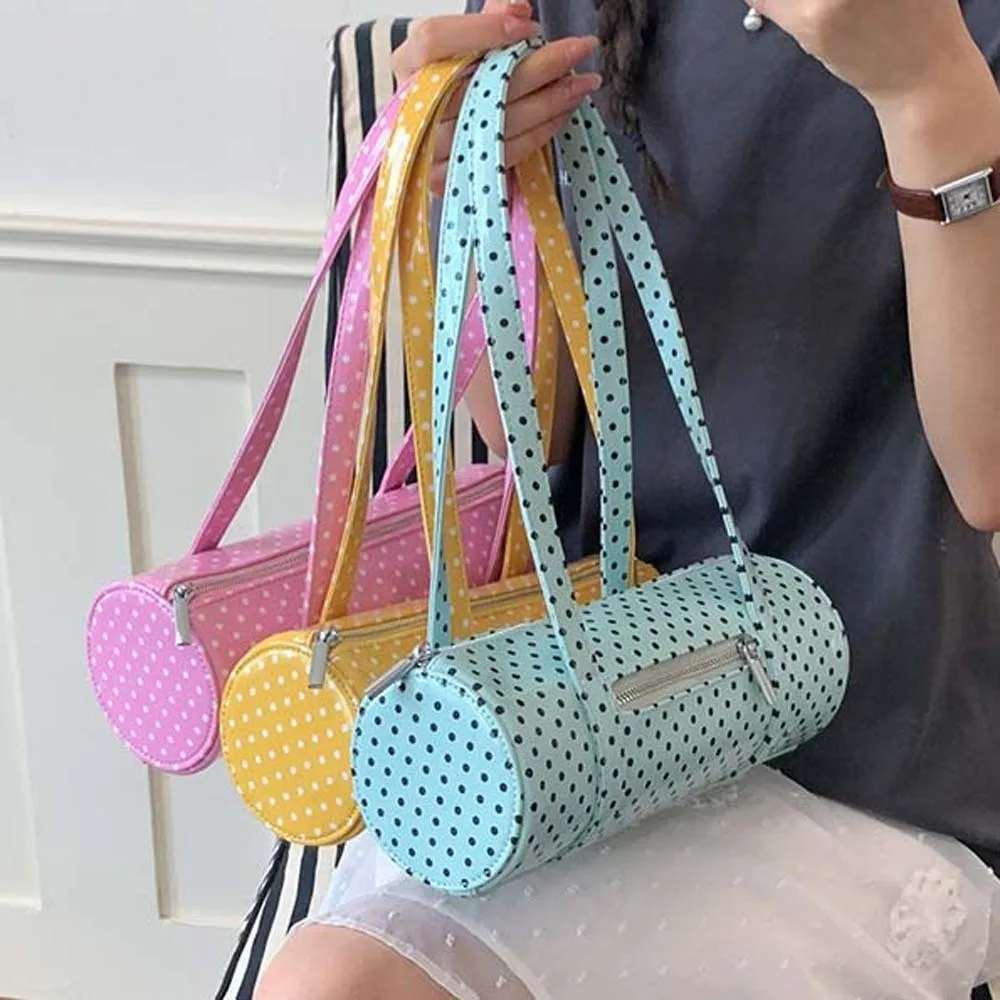 Cylindrical Polka Dot Cylinder Bag Lightweight Zipper-closure Retro Dot Handbag Waterproof Soft-leather Candy Color Purse