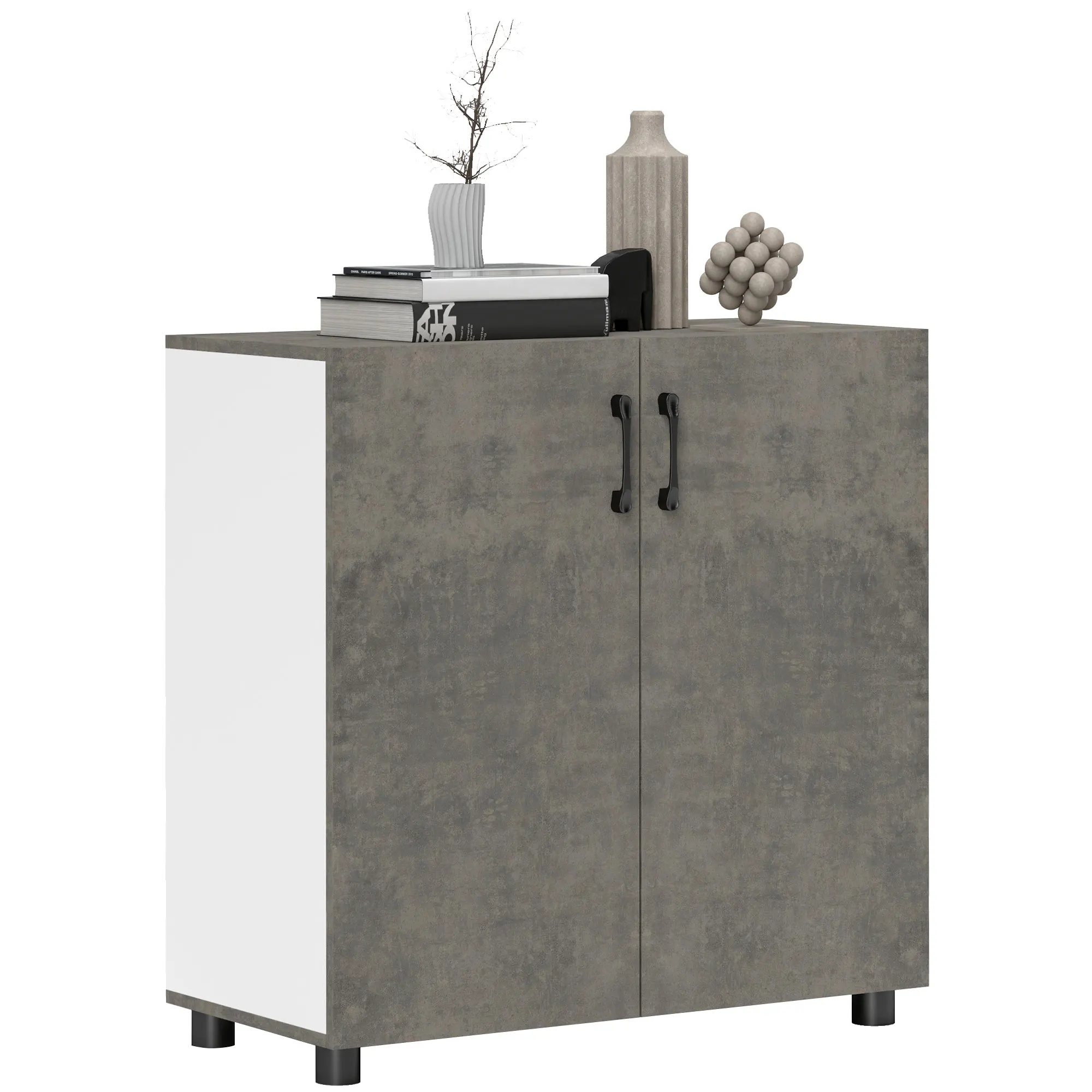 Credenza da soggiorno piccola e moderna con ripiano e ante con chiusura ammortizzata 80X37X80 cm Grigio cemento e bianco lucido